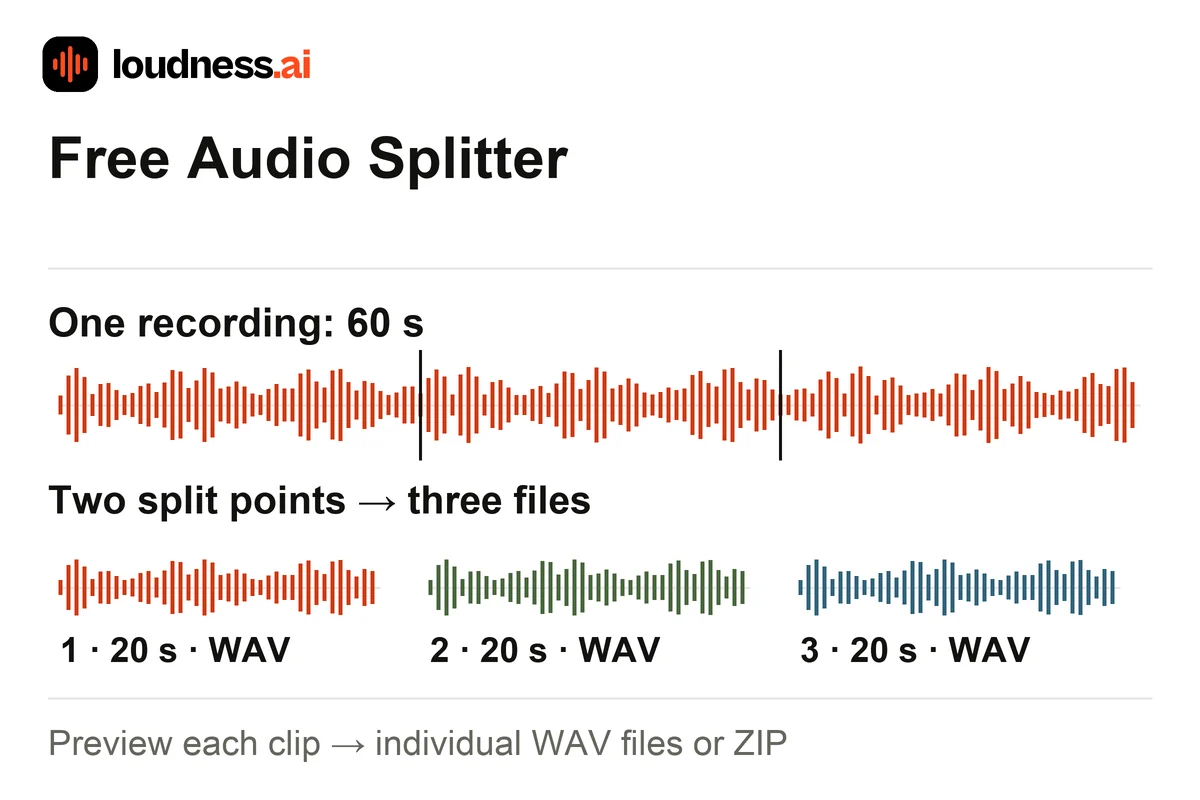 Audio Splitter dividing a 60-second recording into three 20-second WAV clips