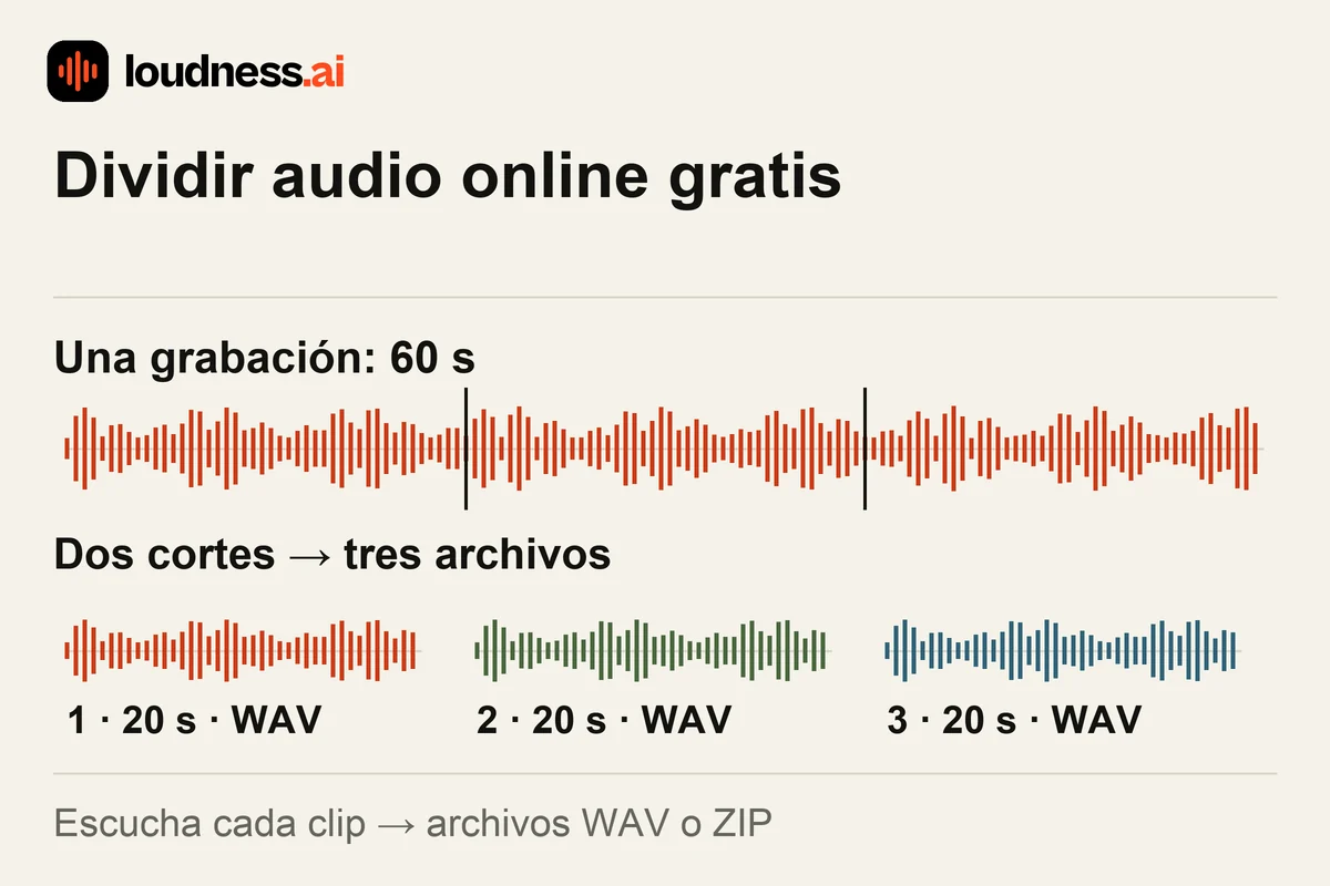 Dividir audio de 60 segundos en tres clips WAV de 20 segundos