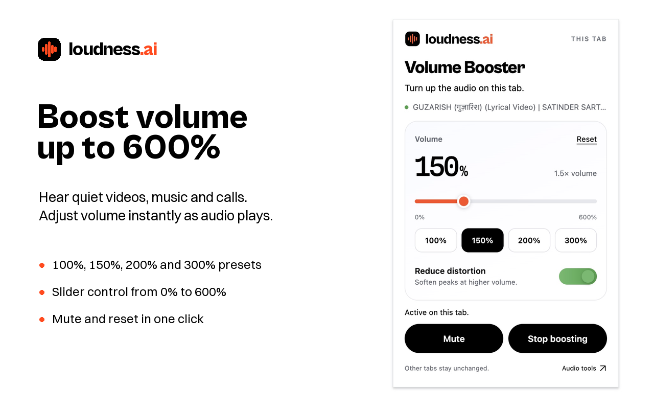 Loudness.ai Volume Booster for Chrome, showing the volume slider, presets and distortion reduction