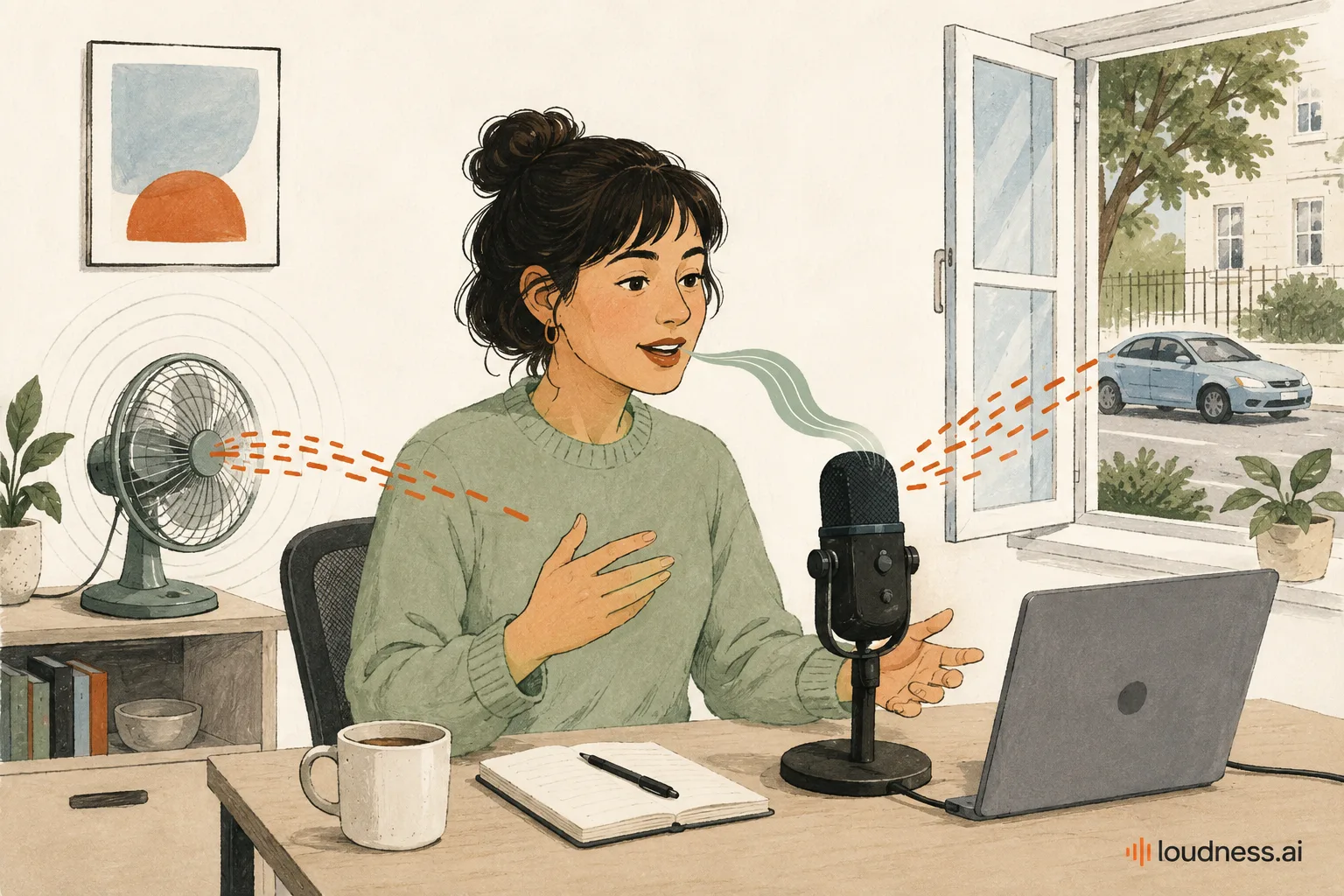A speaker records her voice while a desk fan and traffic outside the window add background noise to the microphone