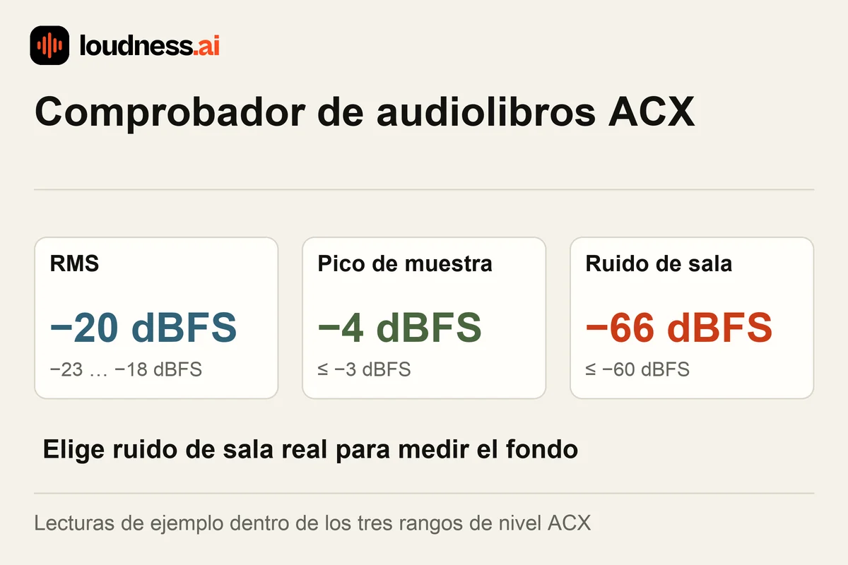 Comprobador de audiolibros ACX con medidas de RMS, pico de muestra y nivel de ruido ambiente