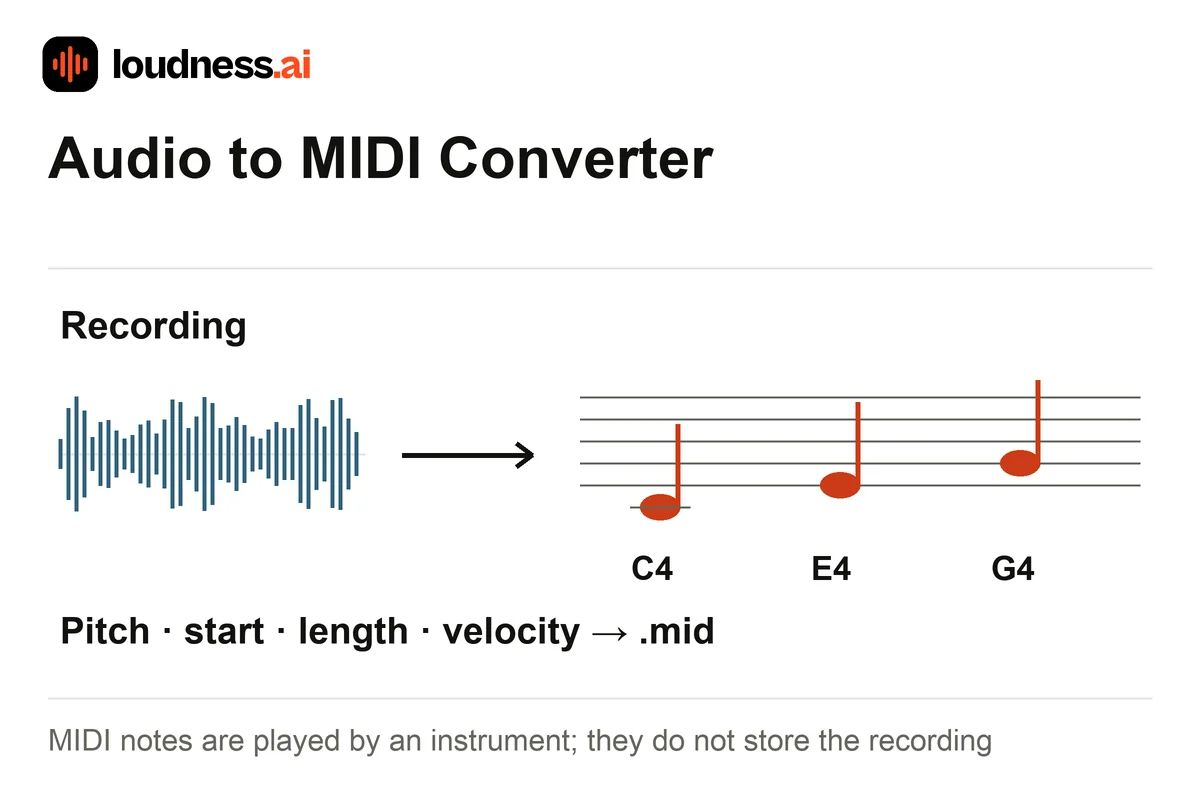 Audio to MIDI converter diagram showing recorded sound converted into editable musical notes