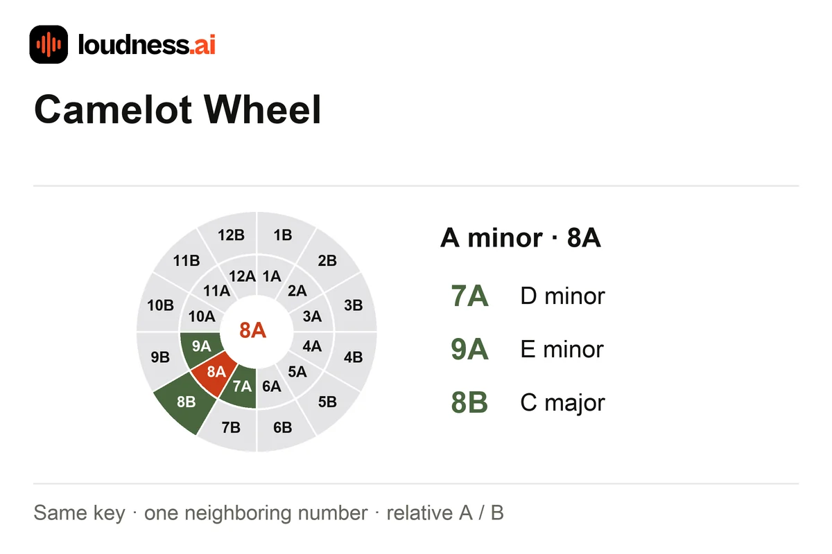 Interactive Camelot wheel showing 8A with compatible neighboring keys 7A and 9A and relative key 8B
