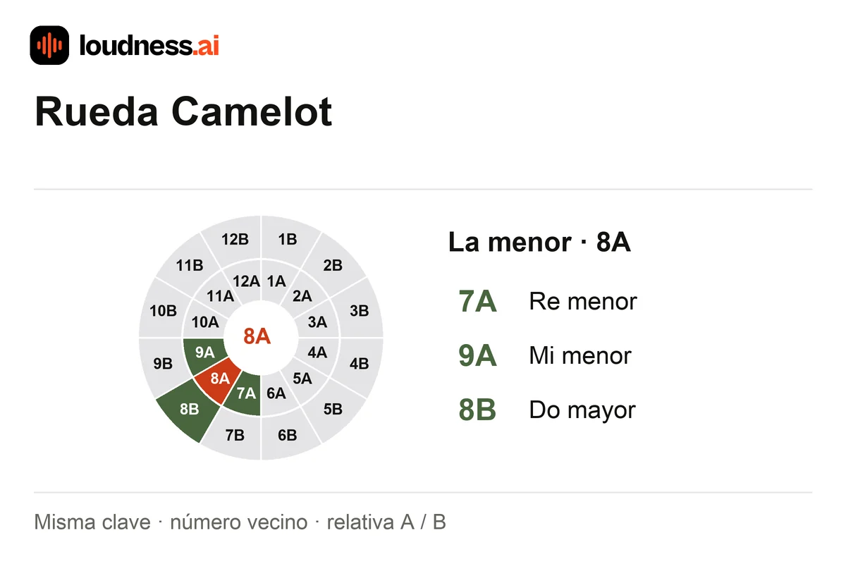 Rueda Camelot interactiva con 8A, claves vecinas compatibles 7A y 9A y tonalidad relativa 8B