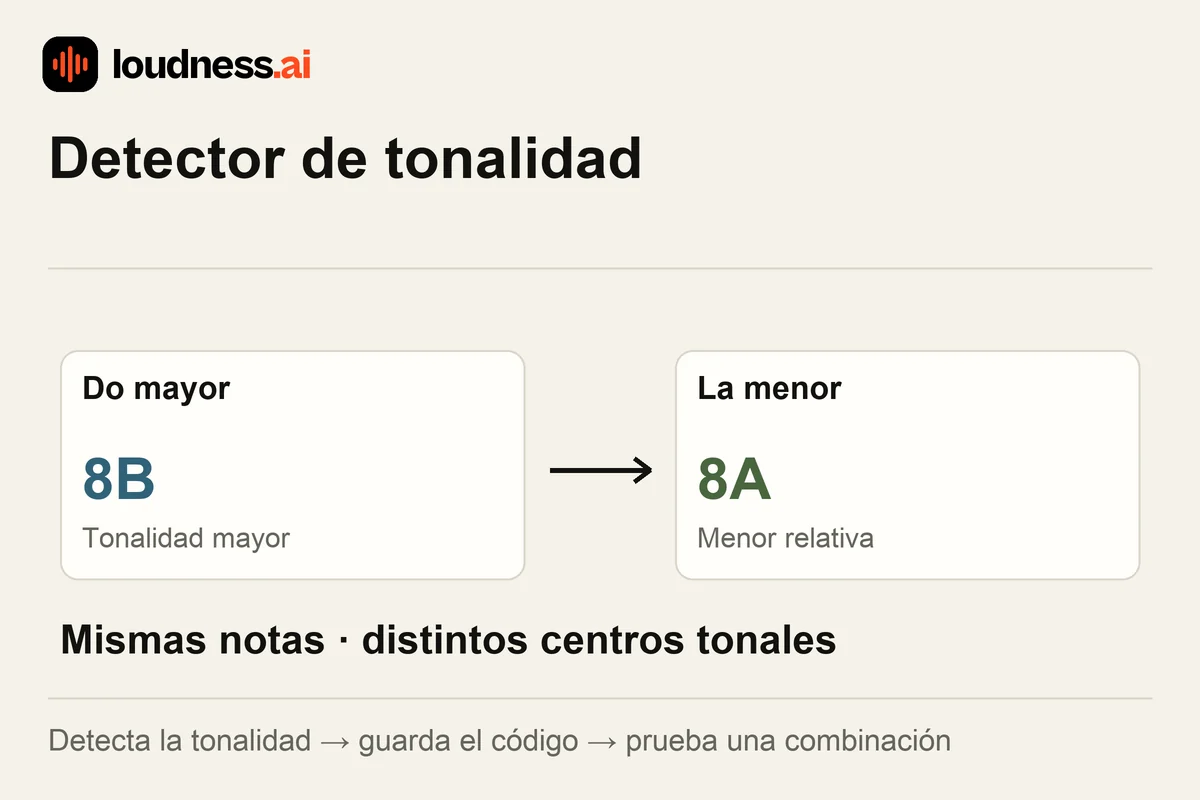 Detector de tonalidad con Do mayor 8B y su tonalidad relativa La menor 8A