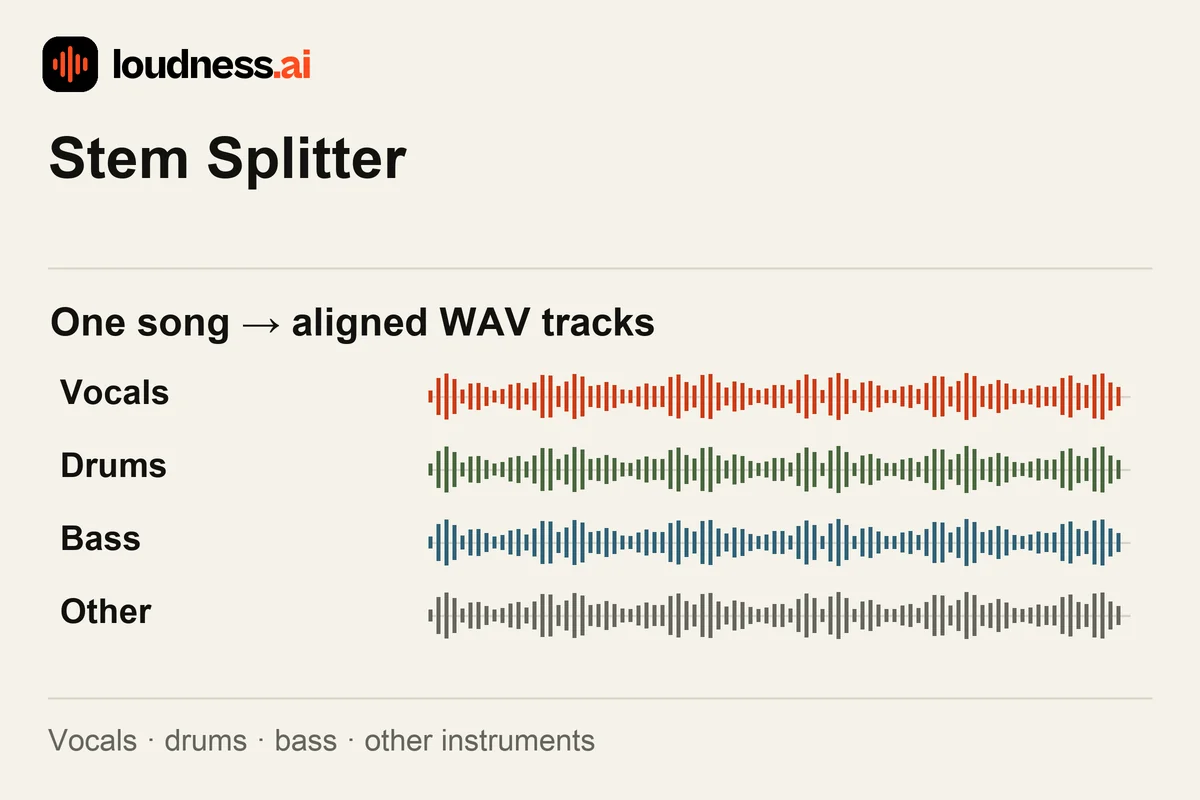 Stem Splitter dividing one song into aligned vocals, drums, bass and other-instrument WAV tracks