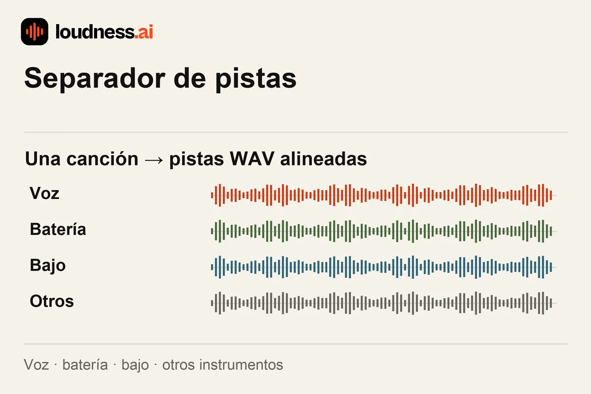 Separador de pistas que divide una canción en WAV alineados de voces, batería, bajo y otros instrumentos