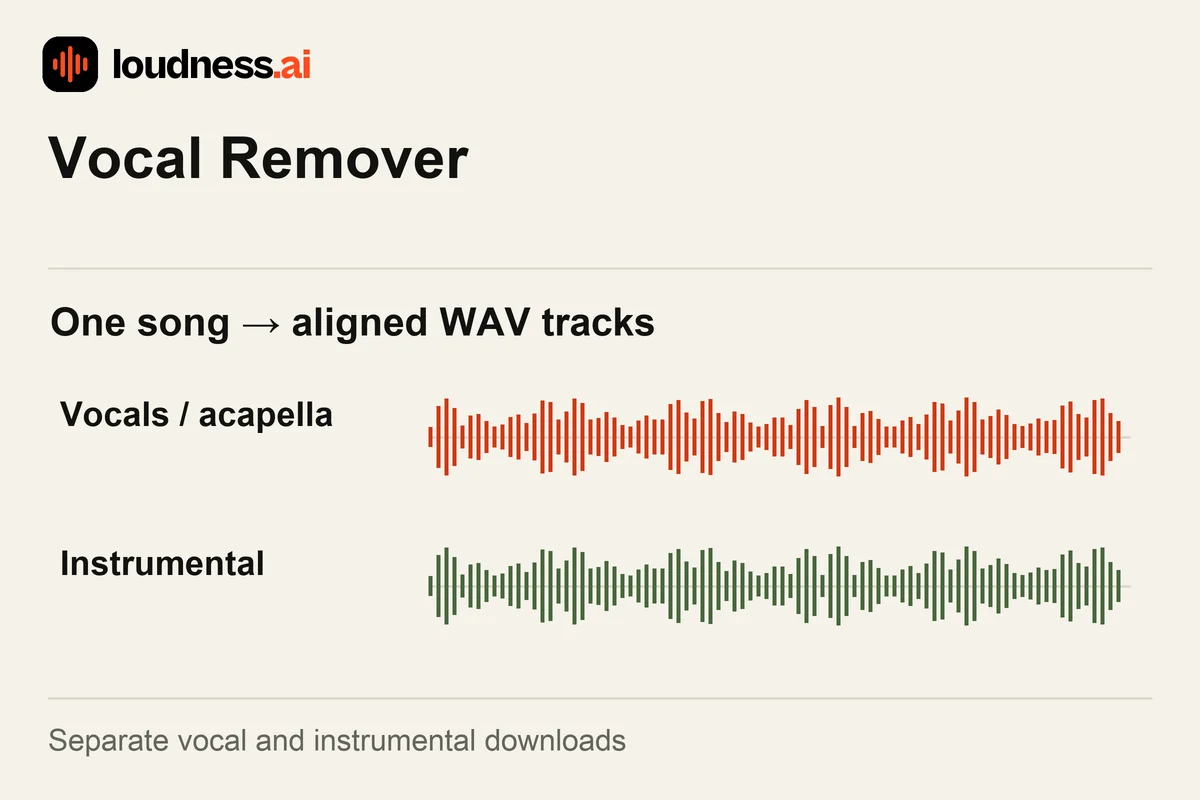 Vocal Remover separating a full song into vocal acapella and instrumental karaoke WAV tracks